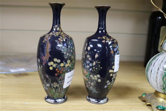 A pair of late 19th century Japanese cloisonne silver wirework vases, H.19cm